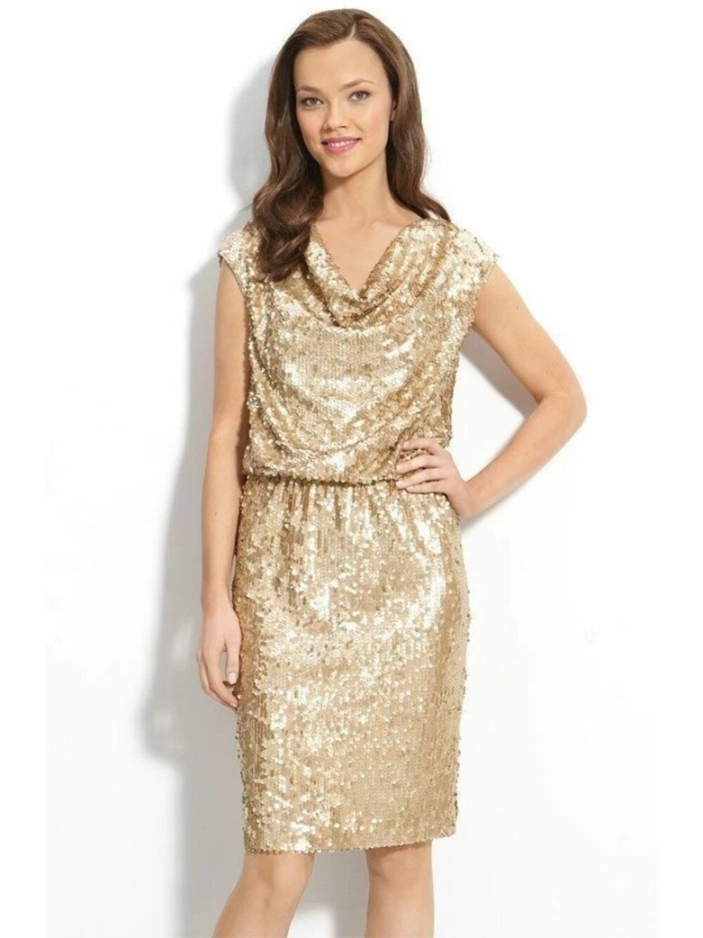 Eliza J Dress Size 8 Sequin Sleeveless Gold Cocktail Draped Cowl Neckline